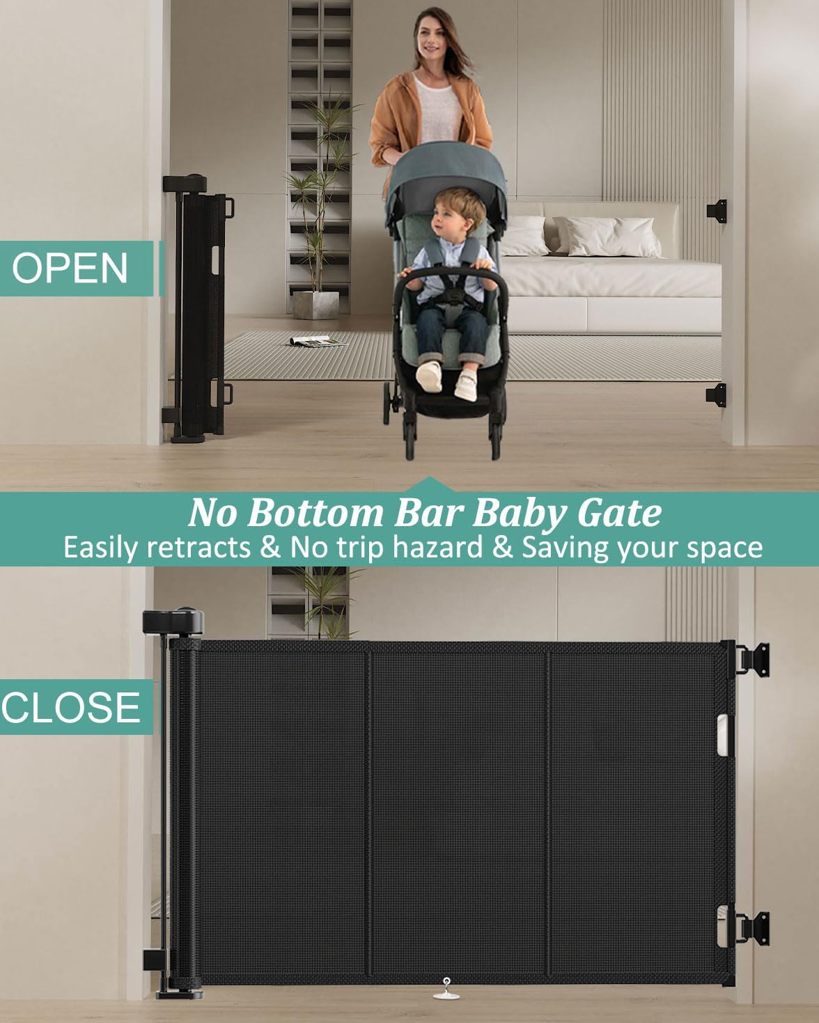 Miumoon 71 inch Reinforced Retractable Baby Gates 34 inch Tall
