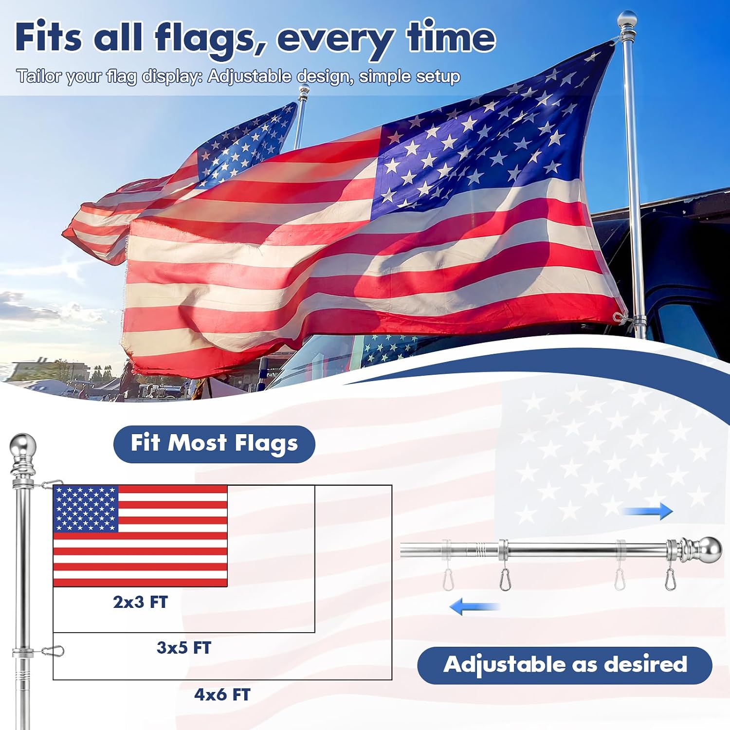 Anovo Flag Pole for Outside House - Stainless Steel 7 FT Flag Poles Kit with1 Inch Metal 360° Rotating Rustproof Flag Pole Rings for Outside House Porch 3x5 Flag Without Holder (7 FT-Sliver)