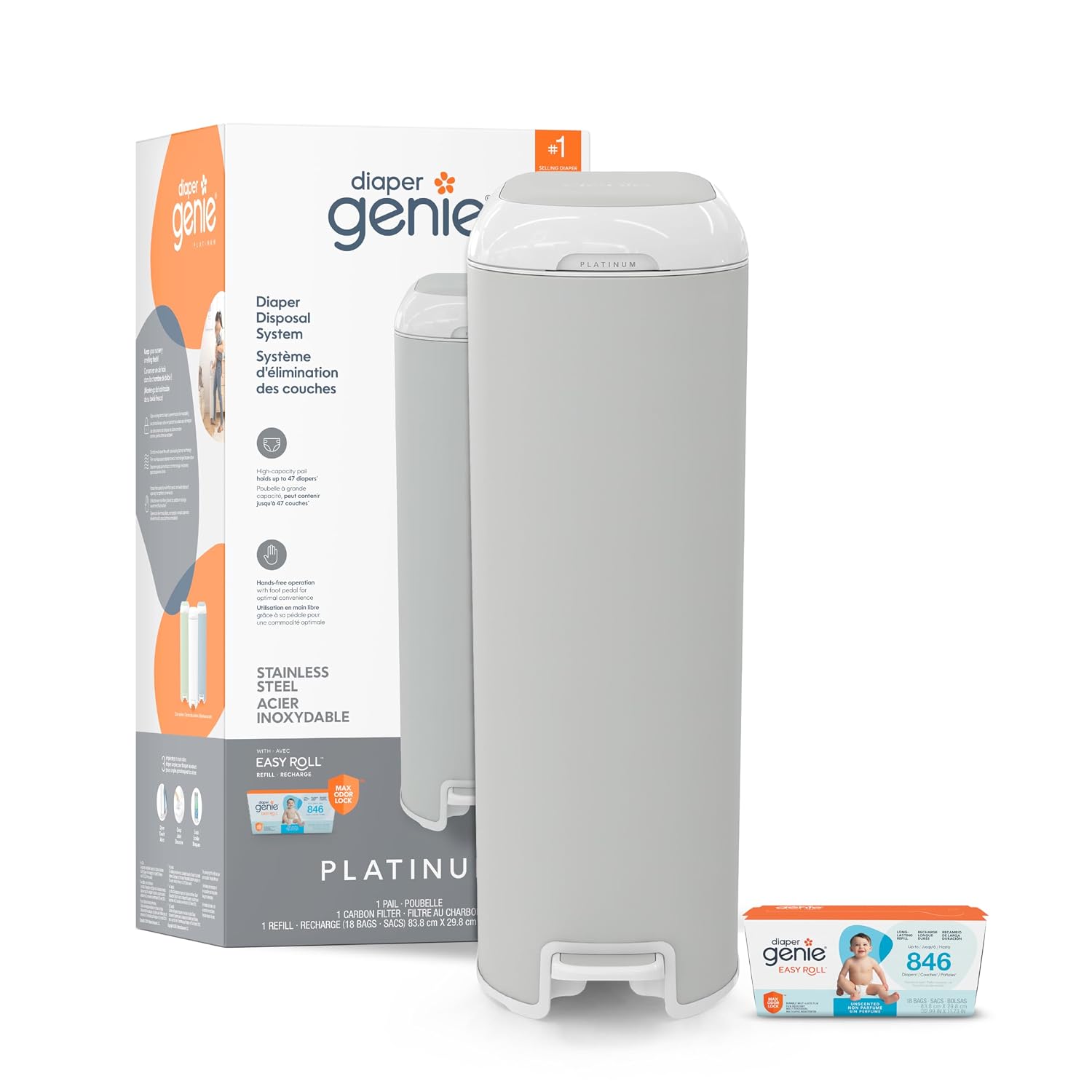 Diaper Genie Platinum Pail (Grey) is Made in Durable Stainless Steel and Includes 1 Easy Roll Refill with 18 Bags that can Last up to 5 Months.