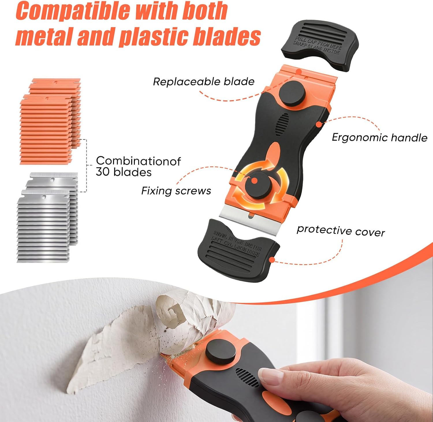 2 Pack Double-Ended Razor Blade Scraper, 30 Blades (Orange)