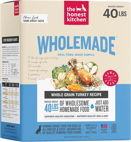 The Honest Kitchen Wholemade Whole Grain Turkey Recipe, Human Grade Dehydrated Dog Food, Just Add Water, Supports Digestion, Skin & Coat, Topper for Dry or Wet Dog Food, 10 lb Box Makes 40 lbs