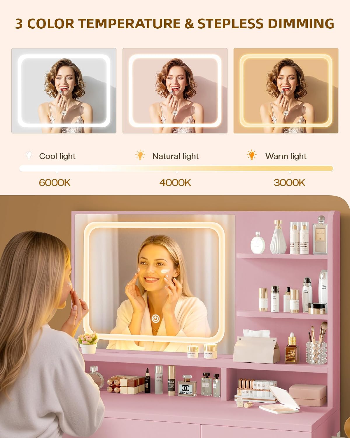 LIVELYGLOW Makeup Vanity Desk Set, 35.4" Wx15.7”Dx53.9“H, Pink (Smart LED Mirror, with Cushion Stool, Hairdryer Rack, Power-Outlet, 4 Drawers, Open Shelves)