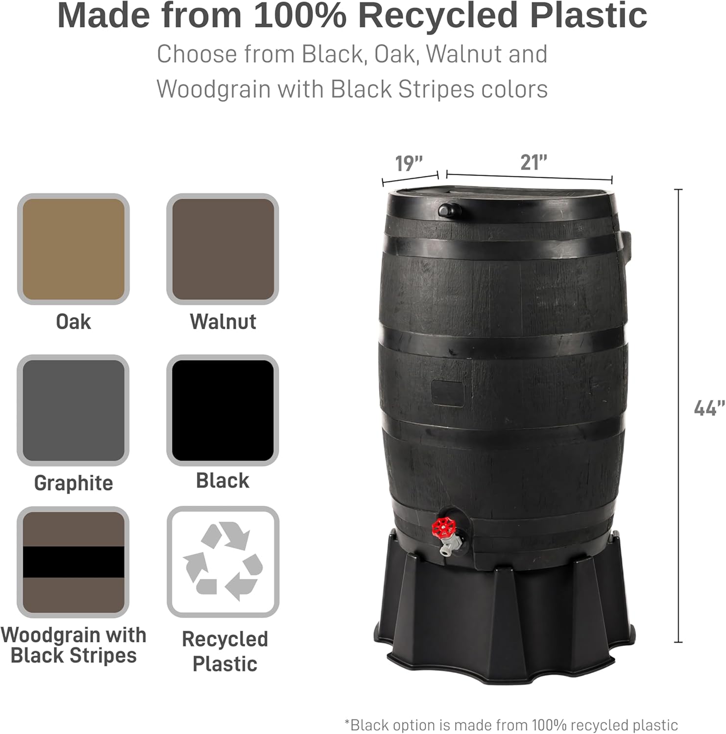 RTS Home Accents 50-Gallon ECO Rain Barrel Made with 100% Recycled Plastic, Flat Back Rain Water Collection Barrel, Stand Included, Black