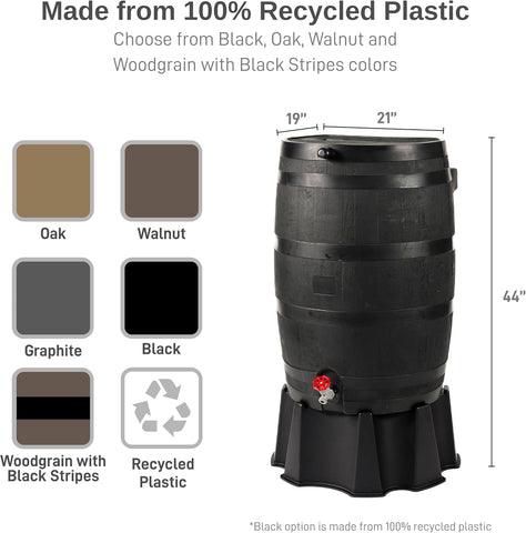 RTS Home Accents 50-Gallon ECO Rain Barrel Made with 100% Recycled Plastic, Flat Back Rain Water Collection Barrel, Stand Included, Black