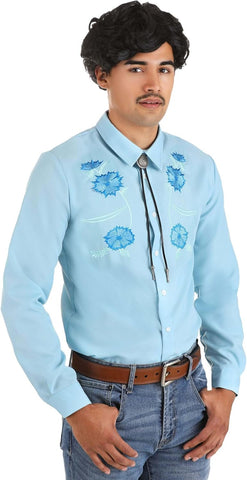 Men's Napoleon Dynamite Pedro Sanchez Halloween Costume | Adult Movie Character Outfit with Blue Shirt, Bolo Tie and Wig