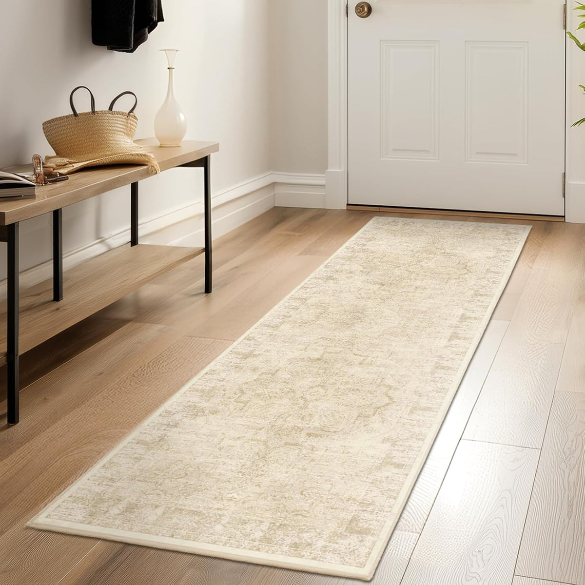Farmhouse Beige 2x6 Runner Rugs for Hallway Entryway, Kitchen Runners Washable Non Slip Low Pile, Vintage Distressed Medallion Printed Rugs for Mudroom/Bedroom Bedside/Laundry Room/Bathroom