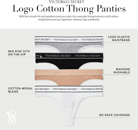 Victoria's Secret Women's Logo Cotton Thong Panties, Underwear Pack