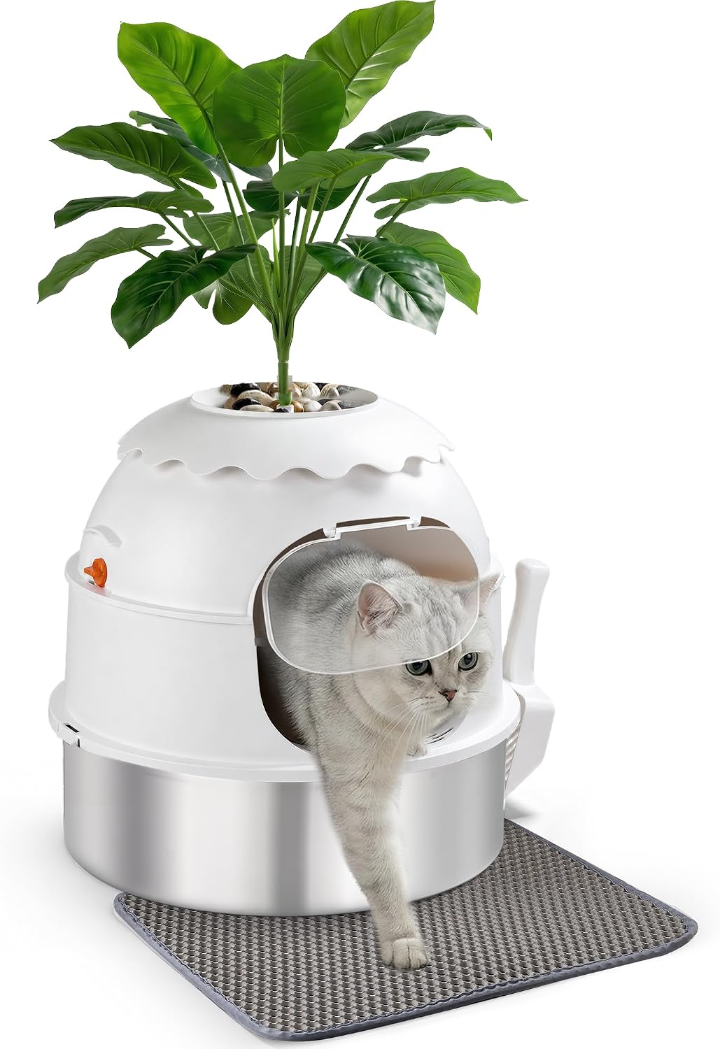 Hidden Litter Box, Stainless Steel Litter Box with Faux Plant Decor, Litter Box Enclosure with Clear Front Door, Includes Scoop & Litter Mat, Odor Control, Easy to Clean (White)