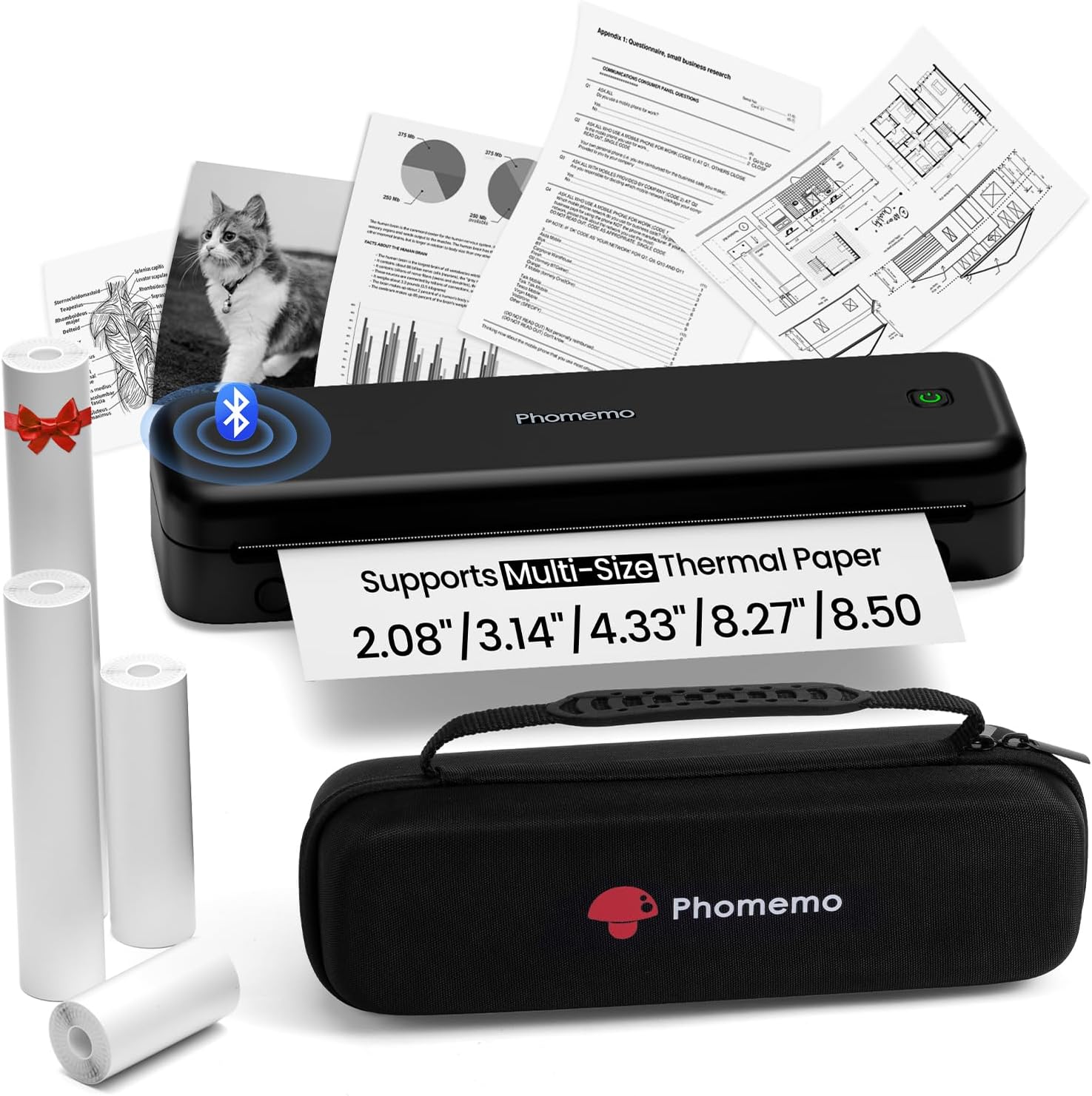 Phomemo M834 Inkless Portable Thermal Printer with a Case, 8.5 x 11, Black
