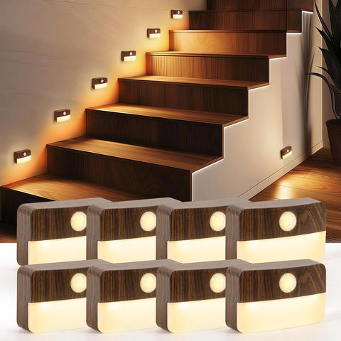 Guankai 8 Pack Motion Sensor Stair Light for Indoor, Battery Operated Closet Lights, Wireless Stick on Anywhere Hallway Lamp, Portable Led Night Lamps for Bedroom Under Cabinet Kitchen, Wood Grain