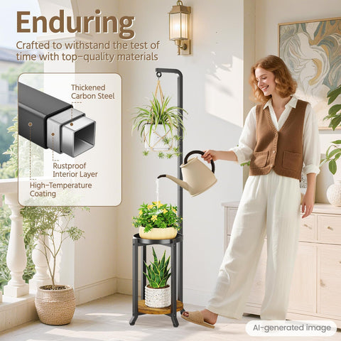 LASZOLA Hanging Plant Stand Holder Indoor Outdoor Tall, 2 Tier Black