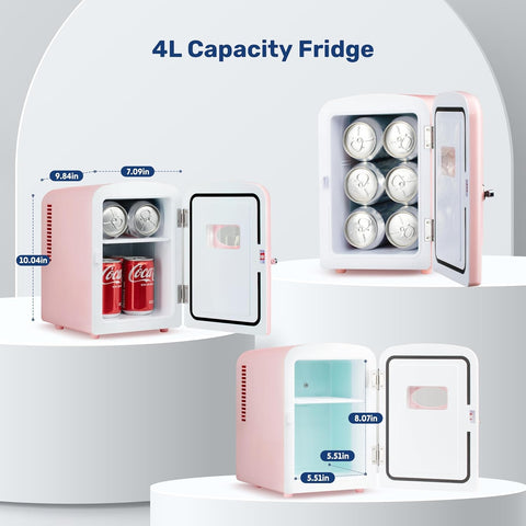 InfiniPower 4L/6 Can Mini Fridge with Observation Window, Portable AC/DC Cooler & Warmer Beverage for Skincare, Drinks, Bedroom, Dorm, Car, Office, Pink
