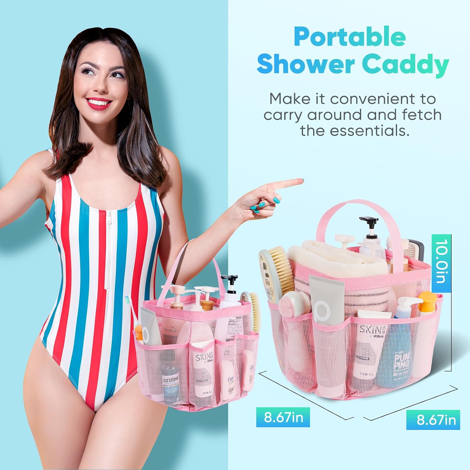 EUDELE Mesh Shower Caddy Portable for College Dorm Room Essentials,Portable Shower Caddy Dorm with 9-Pocket Large Capacity, Shower Bag for Beach, Swimming, Gym, Travel essentials, Pink