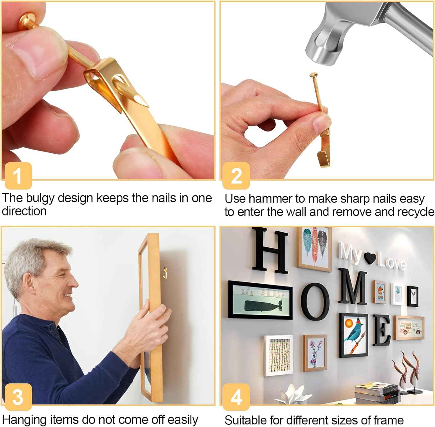 184 Pieces Picture Hanging Kit, 20lb, 30lb, and 50lb Picture Hangers, Metal Picture Hanging Hooks with Nails, on Drywall, Wooden Wall(Gold)