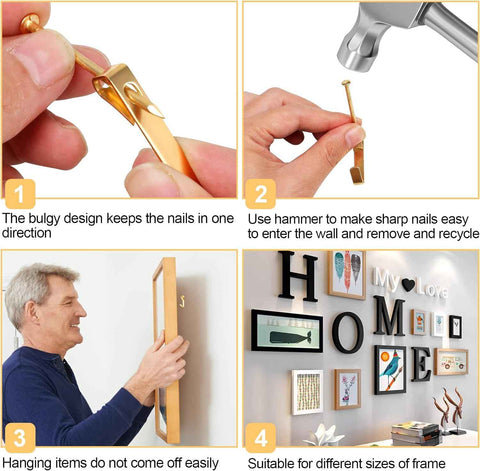 184 Pieces Picture Hanging Kit, 20lb, 30lb, and 50lb Picture Hangers, Metal Picture Hanging Hooks with Nails, on Drywall, Wooden Wall(Gold)