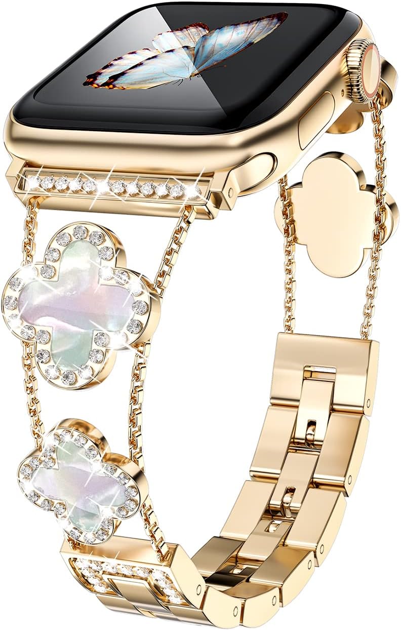 Musk-MSKR Diamond Metal Bands Add Sparkle to Your Watch For Apple Watch Series 11/10/9/8/7/6/5/4/3/2/SE/Ultra Clover Simple and Stylish Compatible with 38mm40mm41mm42mm44mm45mm 46mm49mm Women's Wear