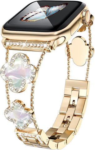 Musk-MSKR Diamond Metal Bands Add Sparkle to Your Watch For Apple Watch Series 11/10/9/8/7/6/5/4/3/2/SE/Ultra Clover Simple and Stylish Compatible with 38mm40mm41mm42mm44mm45mm 46mm49mm Women's Wear