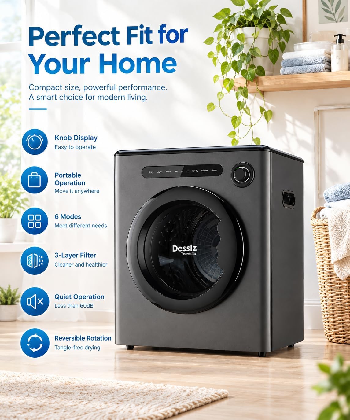 Dessiz 110V Clothes Dryers 950W Dryer 1.6cu.ft Front Load Stainless Steel 11lbs Electric Dryers Machine with Exhaust pipe for Apartment,RVs,Dorms,Auto Stop and Easy Control