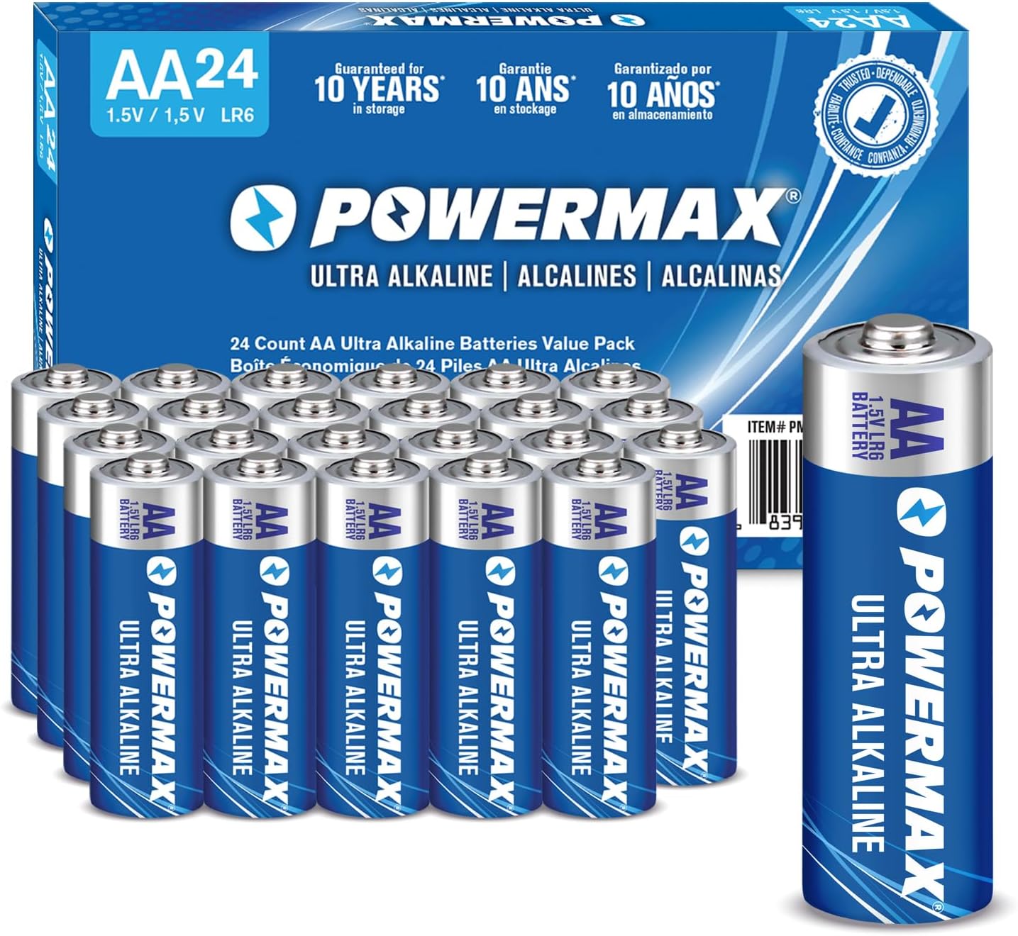 Powermax 24-Count AA Batteries, Ultra Long Lasting Alkaline Battery, 10-Year Shelf Life, Reclosable Packaging