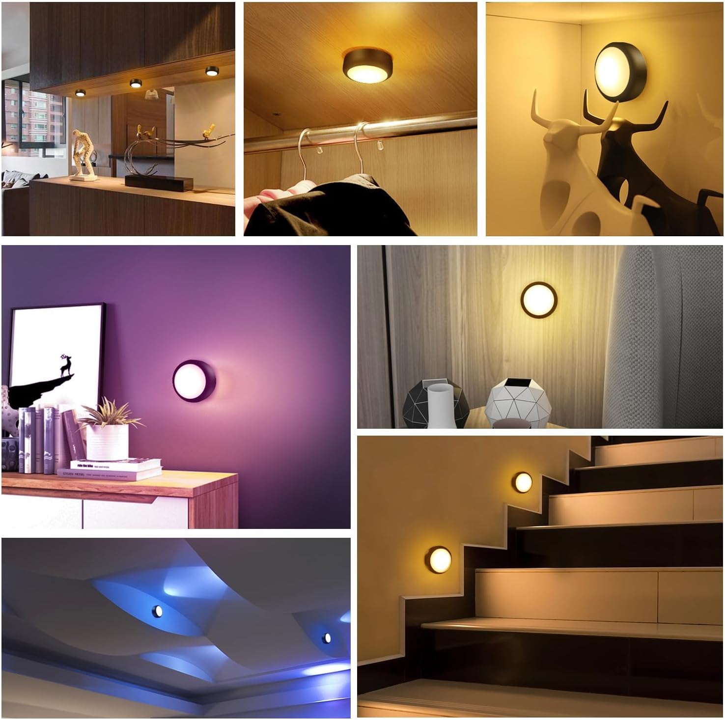 BLS LED Puck Lights with Remote Control, Wireless Under Cabinet & Closet Lighting, RGB 13 Color Changing Lights with Dimmer, Timer & AA Battery Operated, Push, Touch, Stick on for Night, Black, 6 Pack