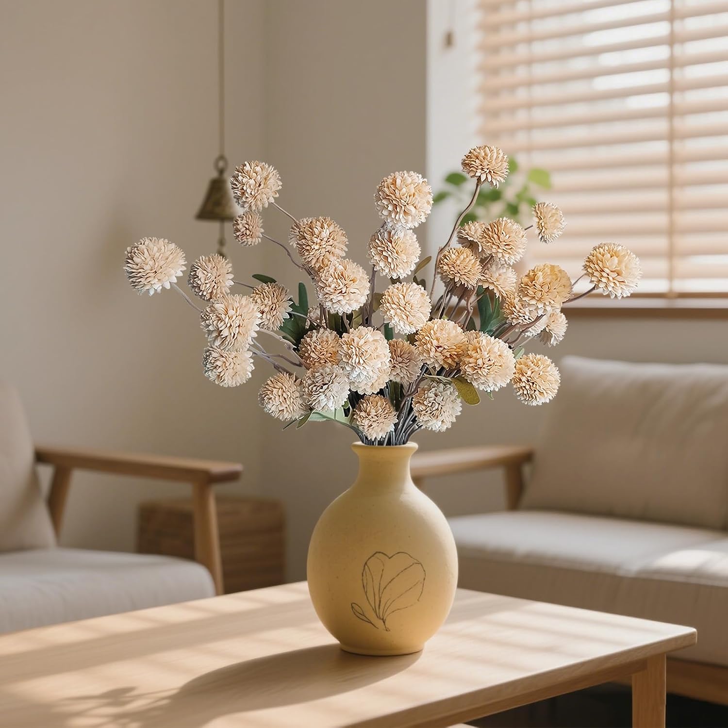 10 Pcs Fake Flowers, Artificial Mums With Long Stems, Beige Faux Pompon Mums Floral Arrangement, Champagne Plastic Flowers Silk Dried Flowers Home Decor, Fall Decorations For Home Vase(No Vase)