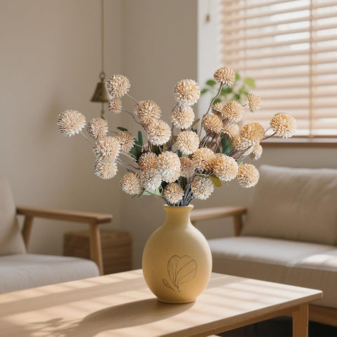 10 Pcs Fake Flowers, Artificial Mums With Long Stems, Beige Faux Pompon Mums Floral Arrangement, Champagne Plastic Flowers Silk Dried Flowers Home Decor, Fall Decorations For Home Vase(No Vase)