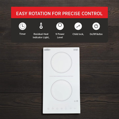 Summit Appliance CR2B15T2WTK15 115V 2-Burner Radiant Cooktop in White Ceramic Glass Surface with Digital Touch Controls & Stainless Steel Frame to Allow Installation in 15" Wide Counter Cutouts