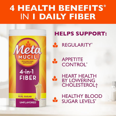Metamucil, Psyllium Husk Powder, Unflavored Original Texture, with Sugar, 114 Servings, 4-in-1 Fiber Supplement, Daily Psyllium Husk Fiber Powder Help Support Digestive Health by Promoting Regularity*