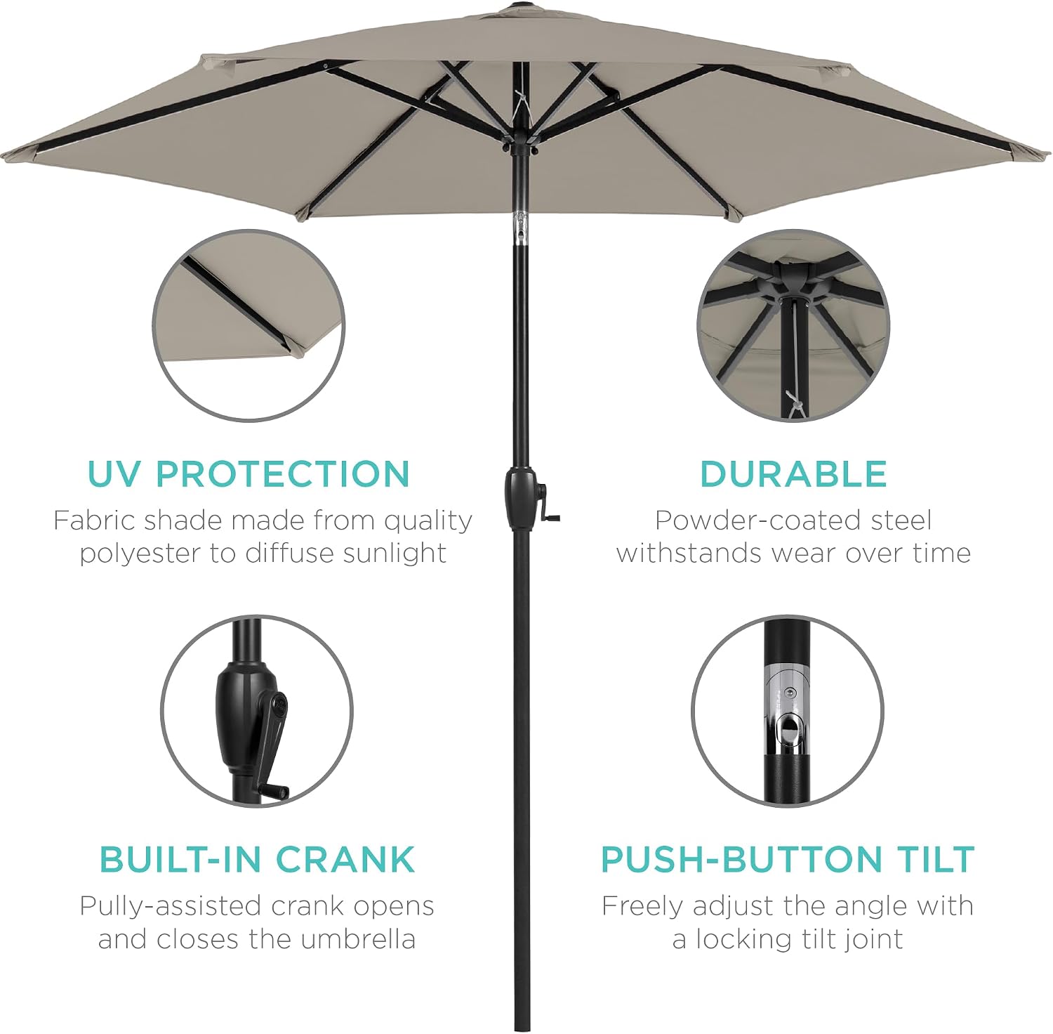 Best Choice Products 7.5ft Heavy-Duty Round Outdoor Market Table Patio Umbrella w/Steel Pole, Push Button Tilt, Easy Crank Lift - Beige