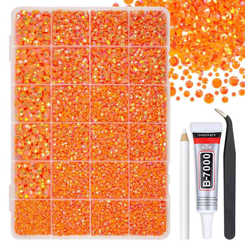 qiipii Neon Orange AB Resin Rhinestones w B7000 Jewelry Glue for Bedazzling Crafting SS6-SS30 Orange Red Flatback Jelly Stones Diamonds Gems Charms for Nails Face Eyes Makeup Tumblers Bottles Crafts