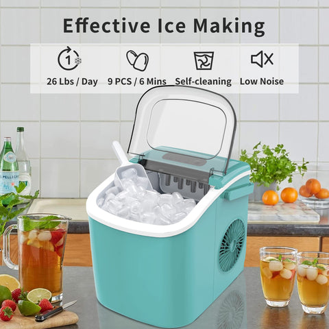 COWSAR Ice Makers Countertop, Portable Ice Maker Machine with Self-Cleaning, 26.5lbs/24Hrs, 6 Mins/9 Pcs Bullet Ice, Ice Scoop and Basket, Handheld Ice Maker for Kitchen/Home/Office/Party