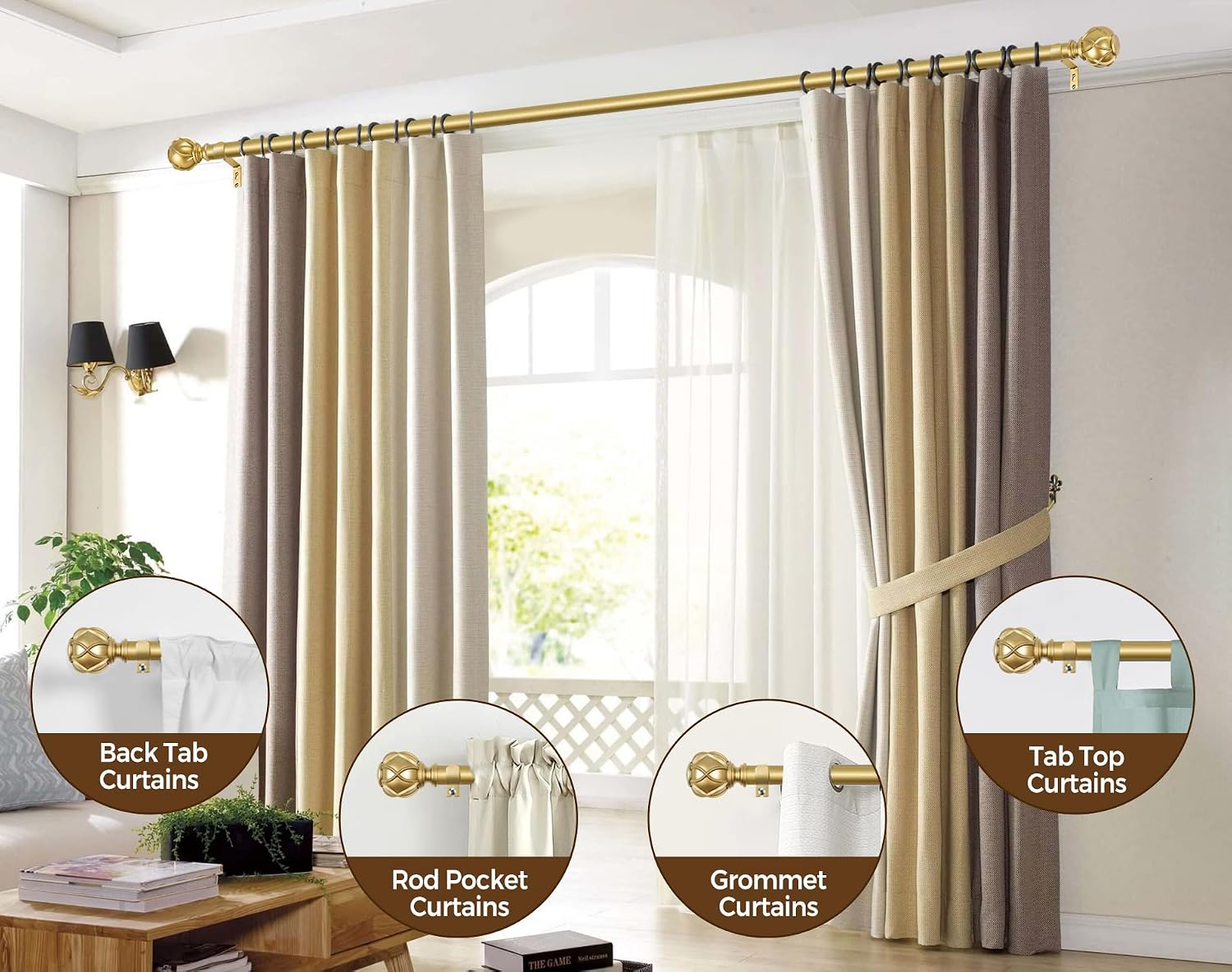 KAMANINA Gold Curtain Rod 72 to 144 Inch, Adjustable Single Drapery Rods