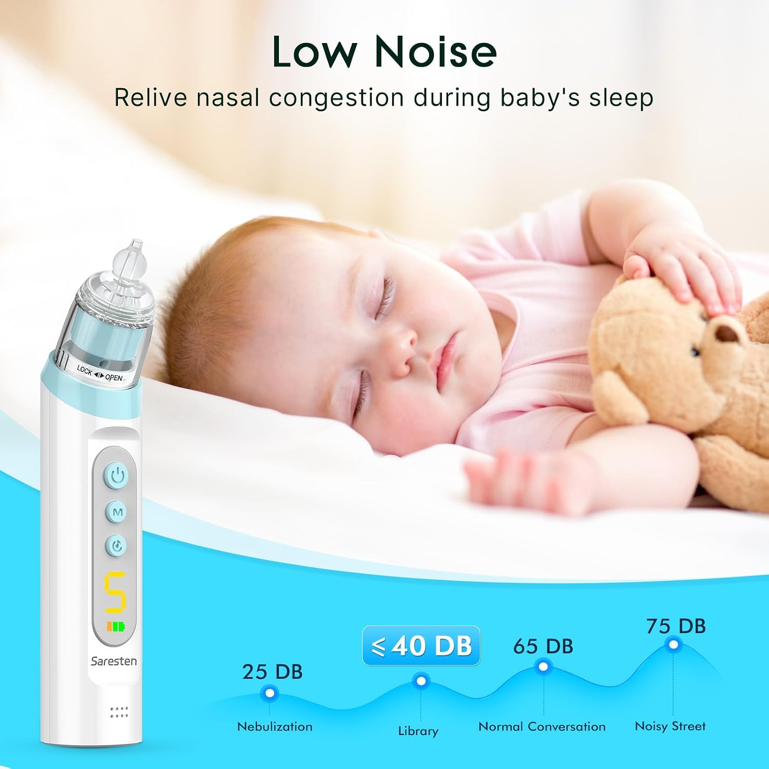 Baby Nasal Aspirator, Rechargeable Nose Sucker with 3 Silicone Tips, Adjustable Suction, Waterproof, Blue