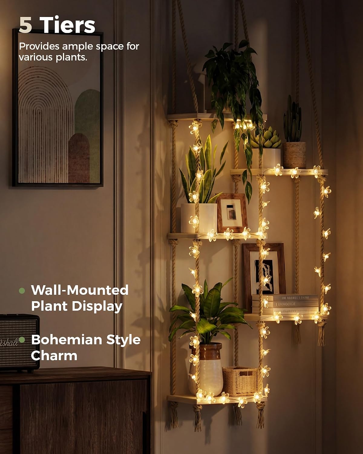 Bamworld Hanging Shelves with Grow Light Plant Hanger Indoor Window Plant
