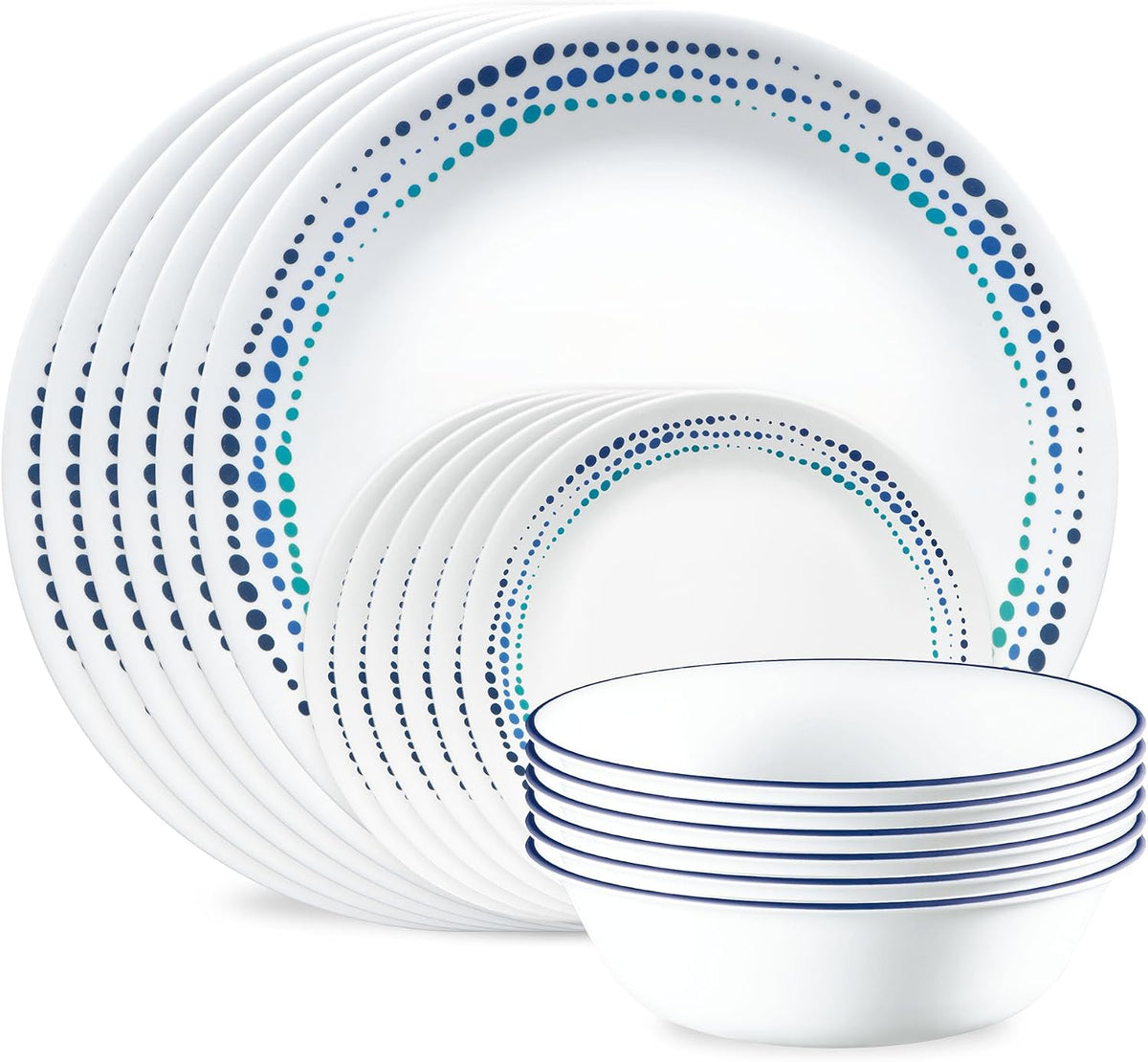 Corelle Vitrelle 18-Piece Service for 6 Dinnerware Set Triple Layer Glass and Chip Resistant, Lightweight Round Plates and Bowls Set, Ocean Blue