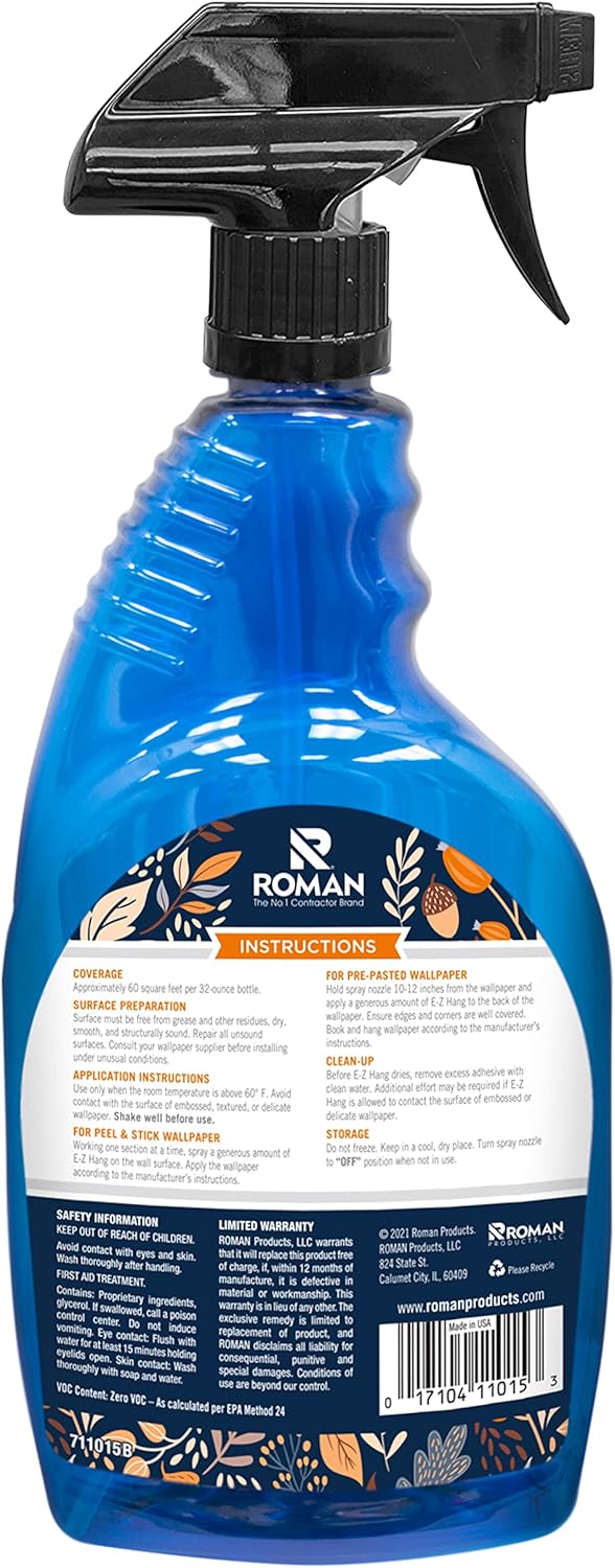 Roman’s E-Z Hang Peel & Stick Wallpaper Helper, Clear, Non-Staining, 32-OZ
