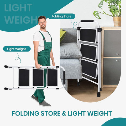 OLIXIS Step Ladder, 3 Sturdy Step Stool with Anti-Slip Pedal & Handrail