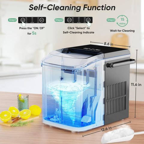 Sweetcrispy Countertop Ice Maker Machine Self-Cleaning, Fast Making 9 Ice Cubes in 6 Minutes, 26.5lbs/24Hrs, 2 Sizes Bullet Ice, Portable Ice Machine with Ice Scoop, Basket and Handle, Black