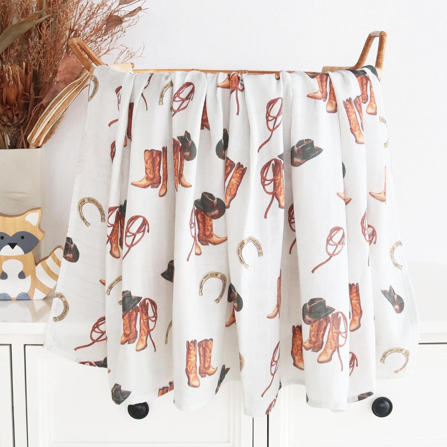 LifeTree Muslin Swaddle Blankets, Western Baby Swaddles for Boys Girls Newborn, Soft Large 47" x 47", Cowboy Boot Print Baby Blanket, 70% Viscose from Bamboo and 30% Cotton