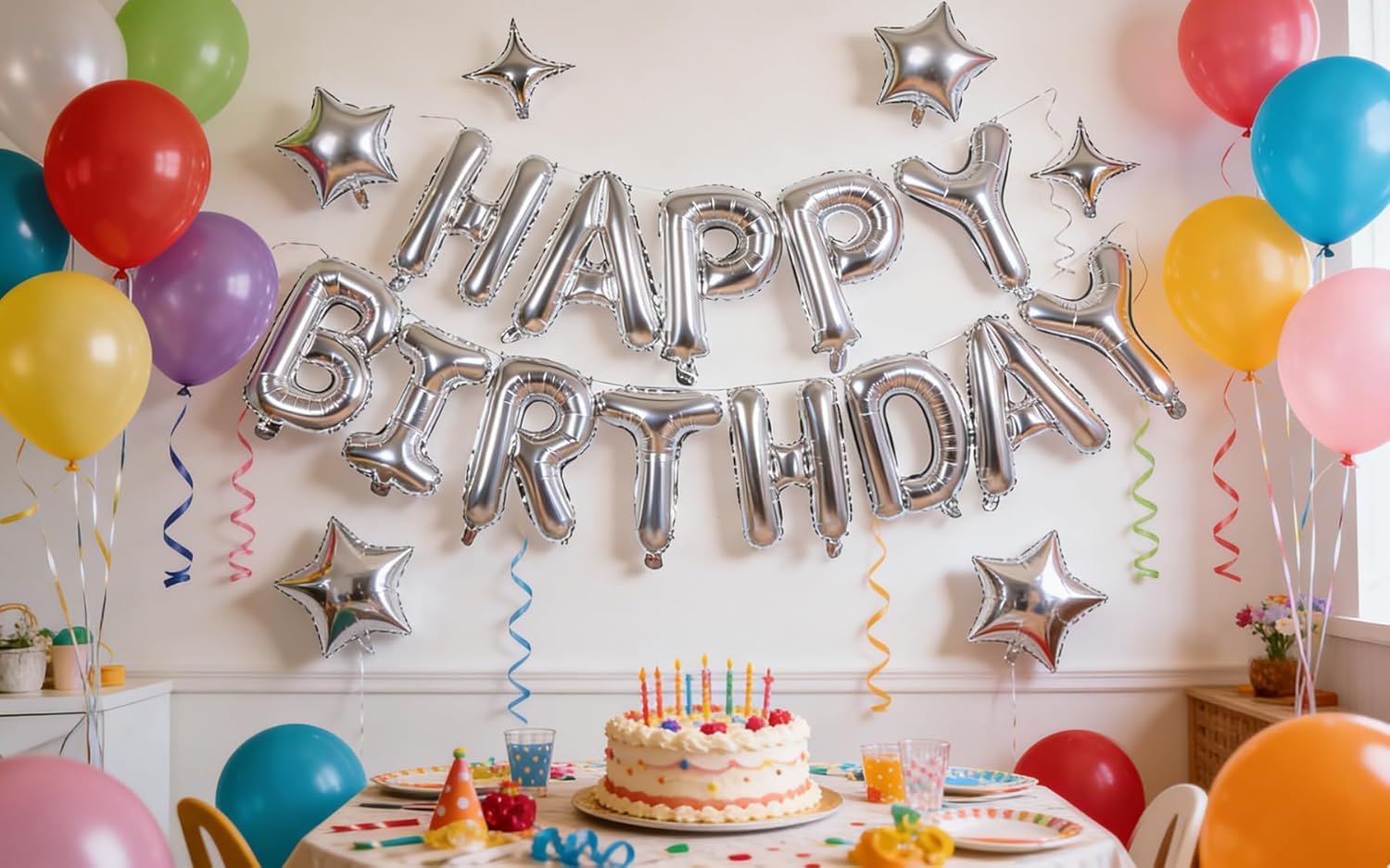 Silver Happy Birthday Balloons Banner Sign Mylar letter Party Decoration