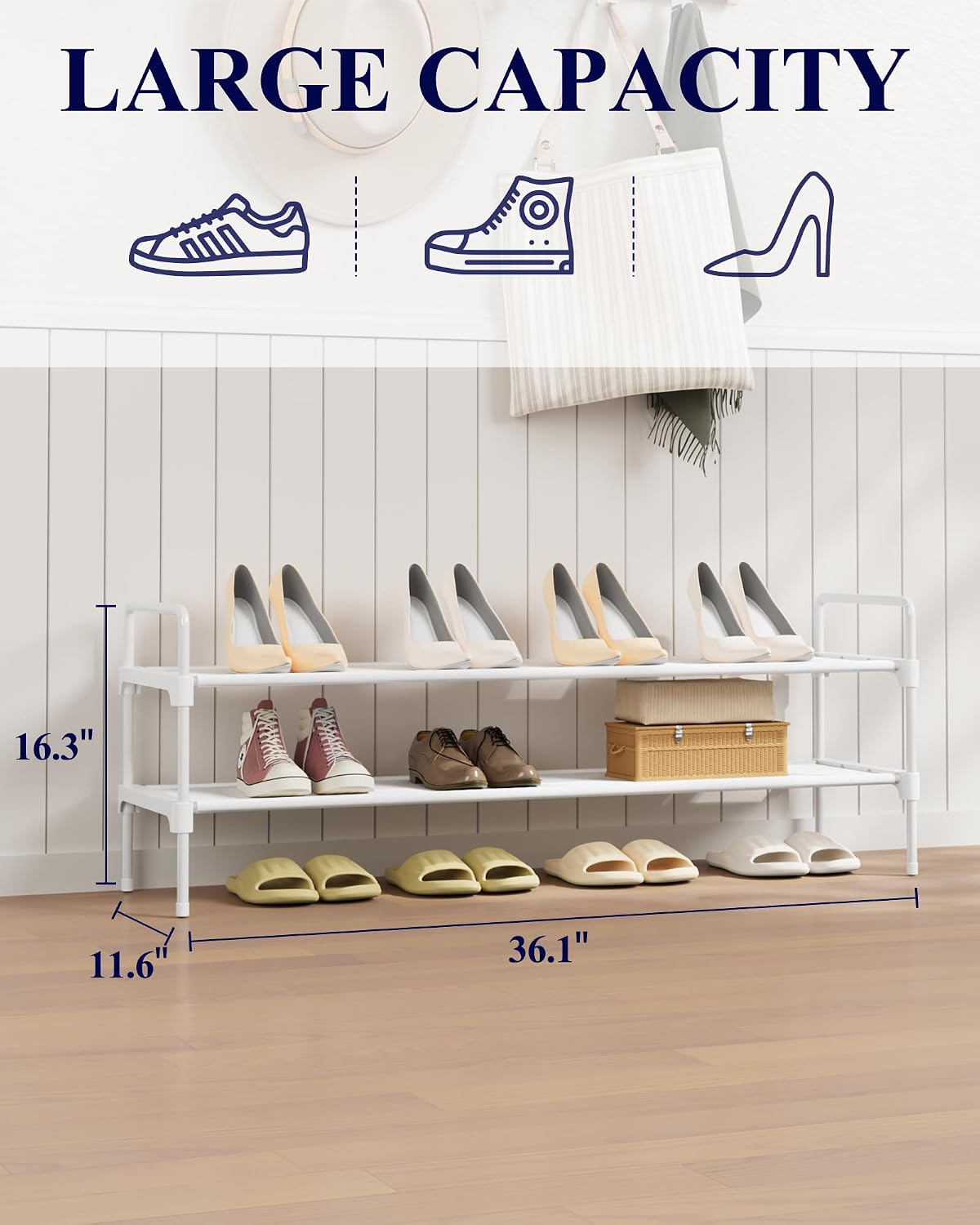 Kitsure Long Shoe Rack for Closet, 36.1" Wide - 2 Tiers, White