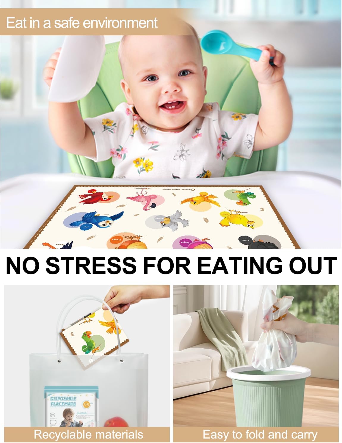 45 Pack Sticky Disposable Placemats for Baby & Toddlers, Cute Color Bird