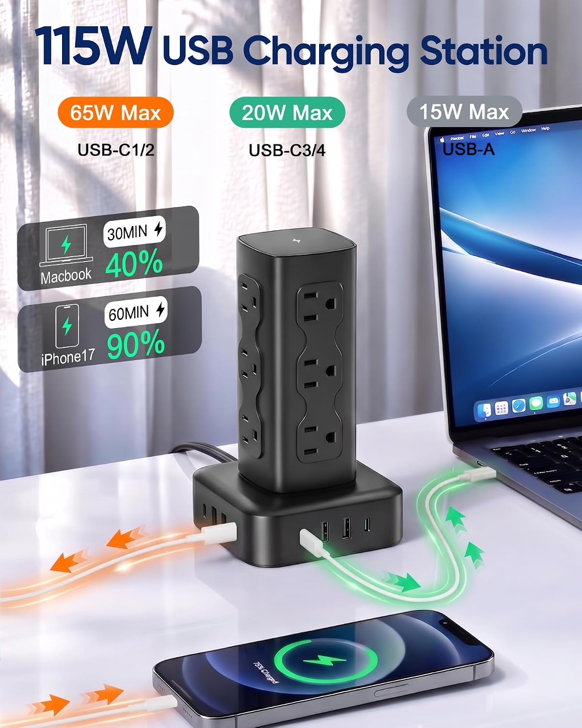 PD65W Power Strip Tower with 12 AC Outlets & 8 USB Ports(4 USB C), 6FT Cord