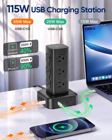 PD65W Power Strip Tower with 12 AC Outlets & 8 USB Ports(4 USB C), 6FT Cord