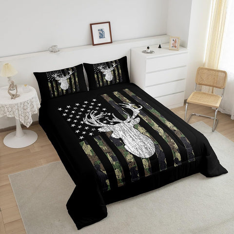 American Flag Comforter Set,Deer Hunting Down Comforter Army Green Military Camo Bedding Set Full For Boys Teens Kids Man,Western Farmhouse Stars Stripes Bedding Quilt Set Bedroom Decor 3 Pcs