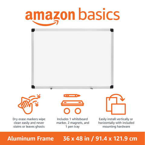 Amazon Basics Magnetic Dry Erase Whiteboard, 36 x 48-Inch, Aluminum Frame, Silver/White