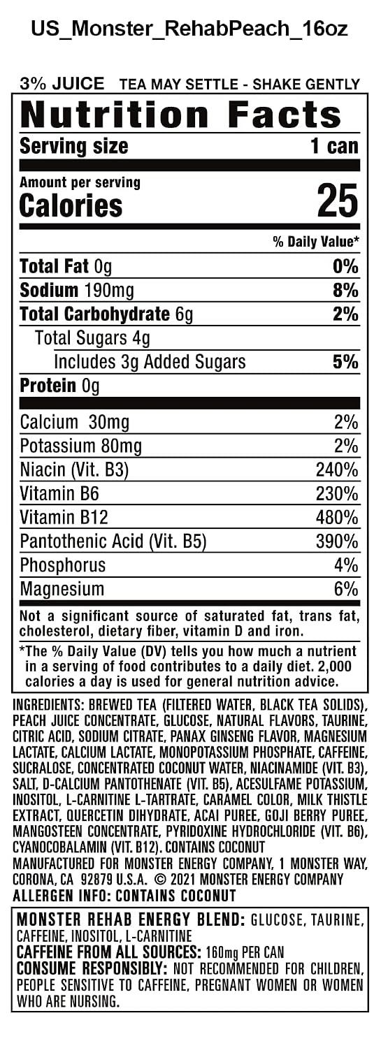 Monster Rehab Peach Tea + Energy, Energy Drink, 15.5 Ounce | Energy Iced Tea, Pack of 15