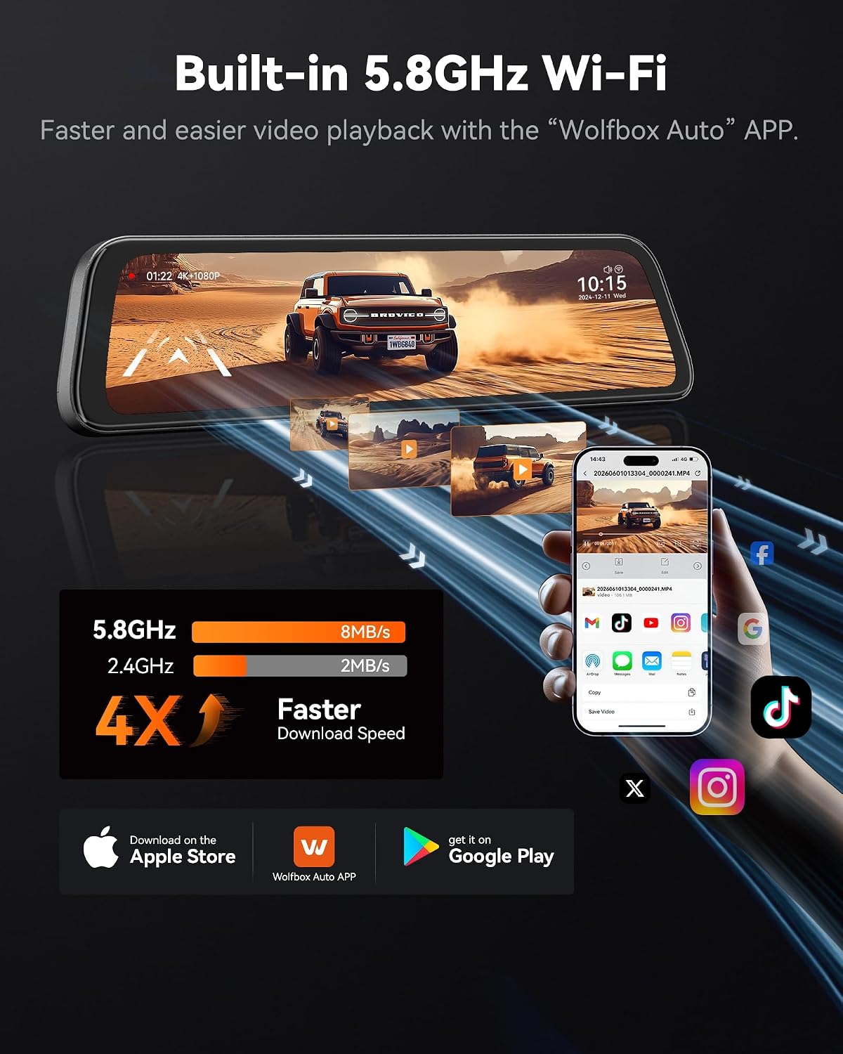 WOLFBOX G840S 12" 4K Mirror Dash Cam Backup Camera with 32GB Card and GPS