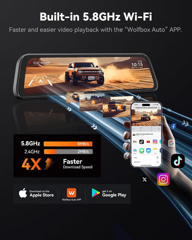 WOLFBOX G840S 12" 4K Mirror Dash Cam Backup Camera with 32GB Card and GPS