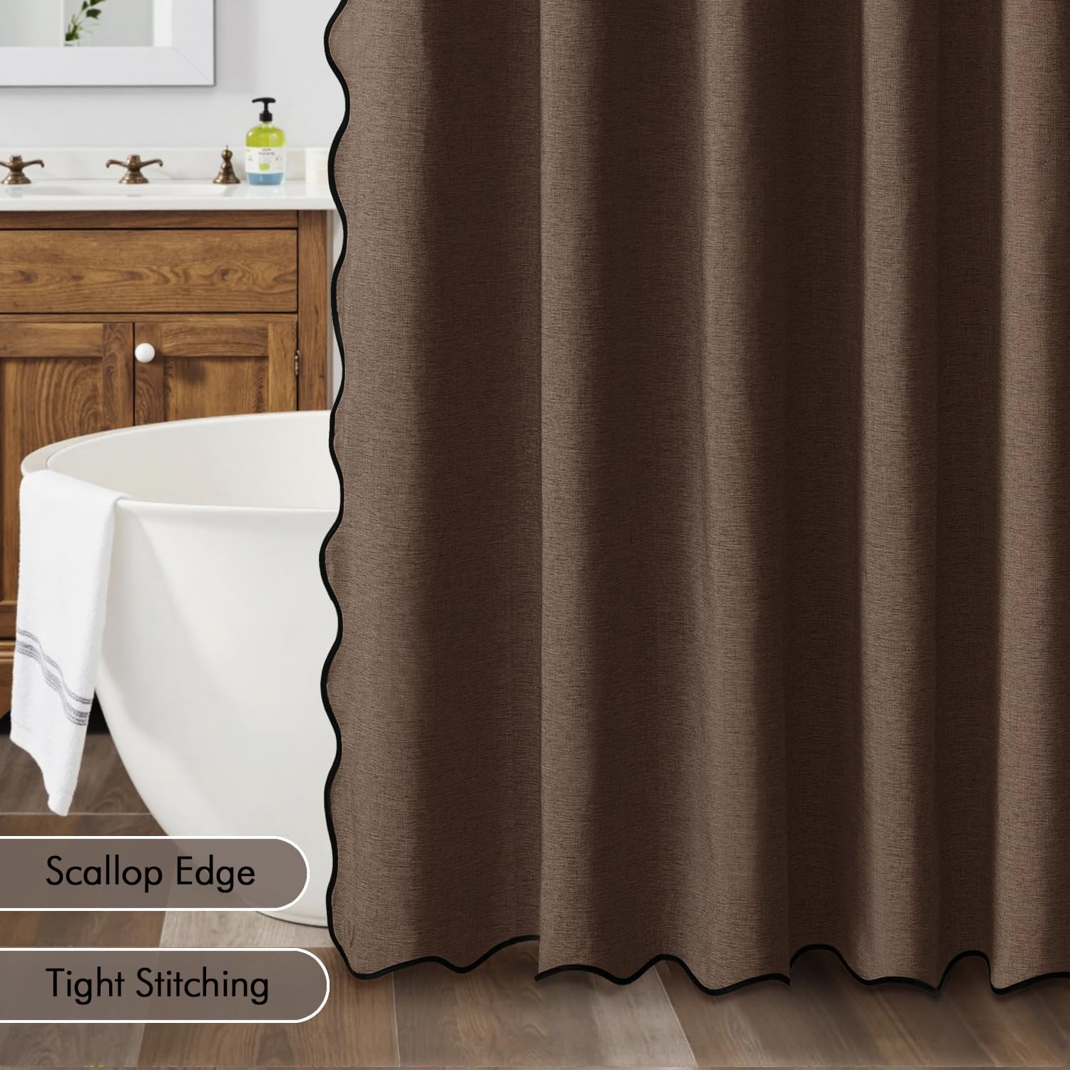 MIULEE Brown Scalloped Linen Shower Curtain 72x72 Inches